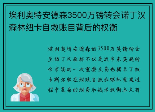 埃利奥特安德森3500万镑转会诺丁汉森林纽卡自救账目背后的权衡